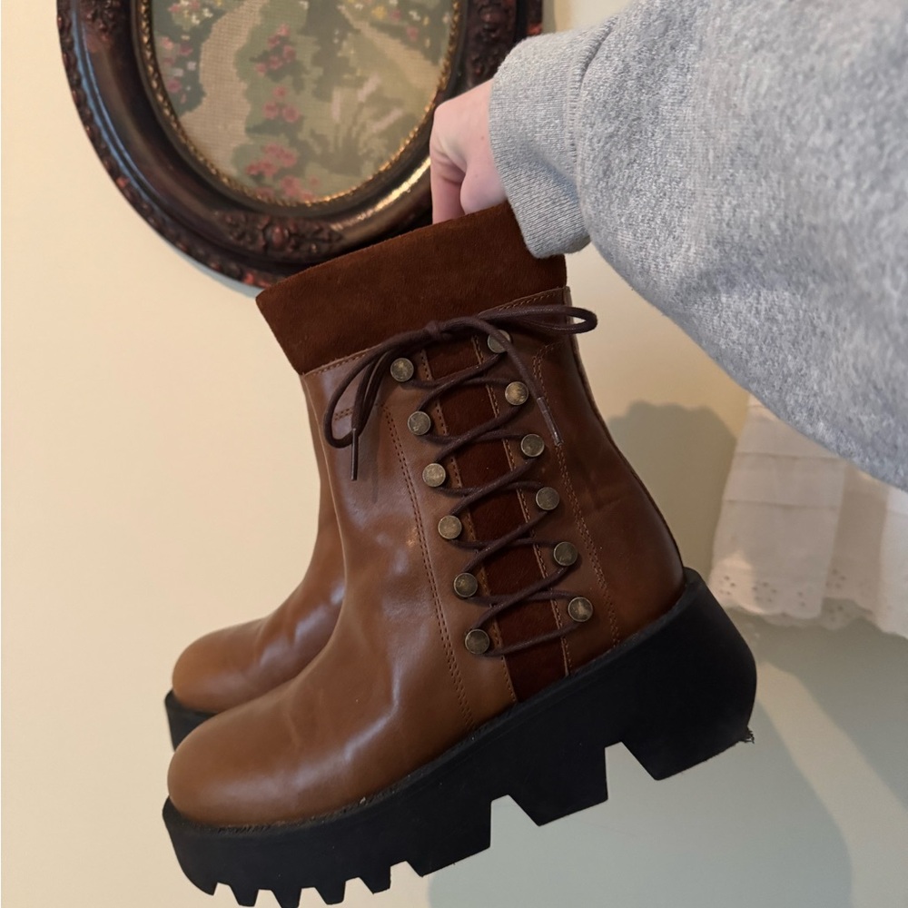 Fly London Brown Leather Lug-Sole Ankle Boots with Suede Cuff